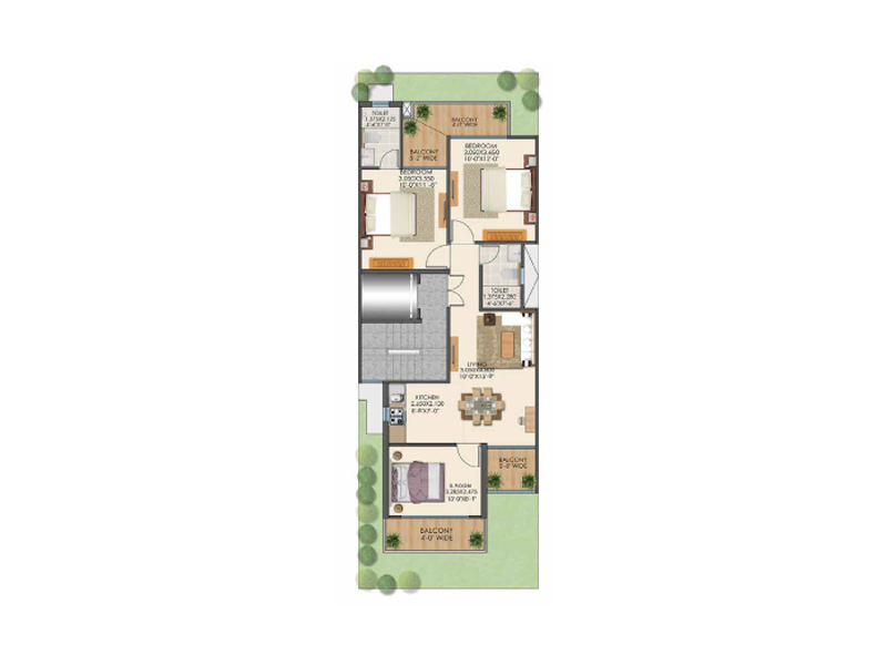 Typical Floor Plan (1st,2nd,3rd,4th ) –  Buy Luxury Type A – 3 BHK flats + 2 Toilets in signature global park 4&5  residential property in sector 36, Sohna, South of Gurugram.
