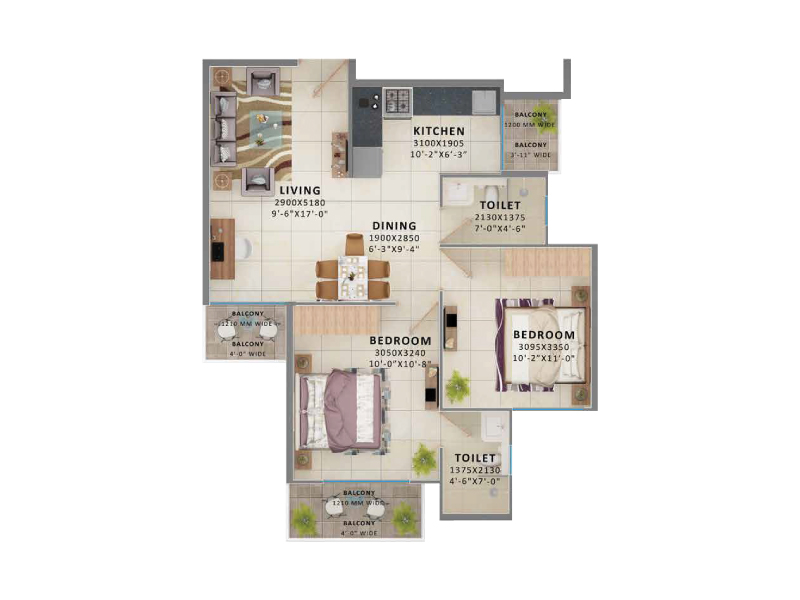 Unit Plan - Type 1 – 2 bhk affordable flats/apartments price in Gurgaon - Signature Global The Millennia 3