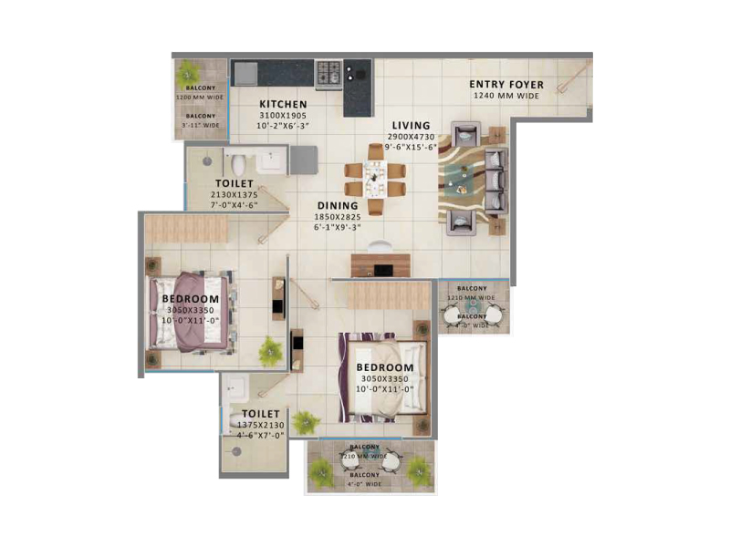 Unit Plan - Type 2 – 2 bhk affordable flats/apartments price in Gurgaon - Signature Global The Millennia 3