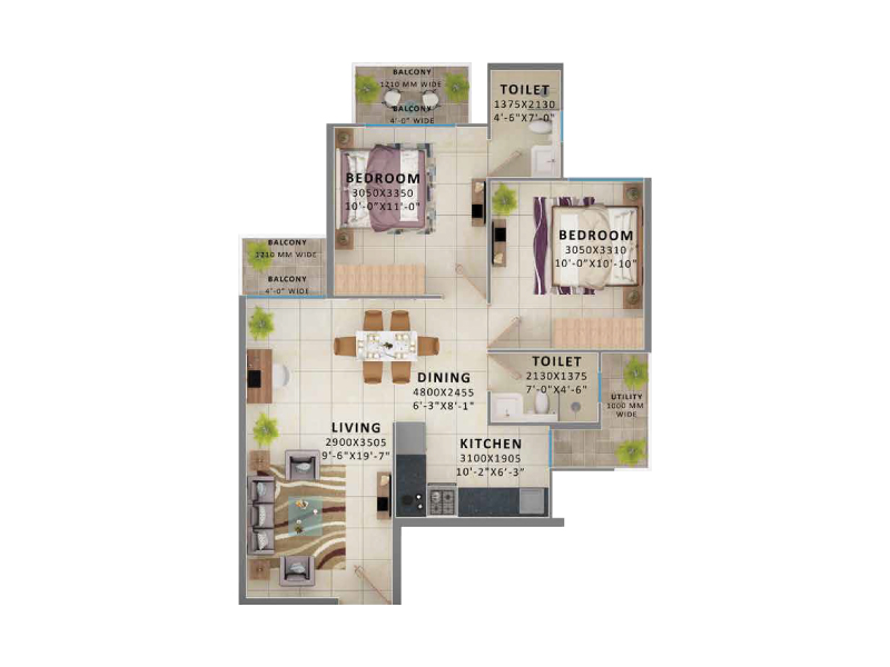 Unit Plan - Type 3 – 2 bhk affordable flats/apartments price in Gurgaon - Signature Global The Millennia 3