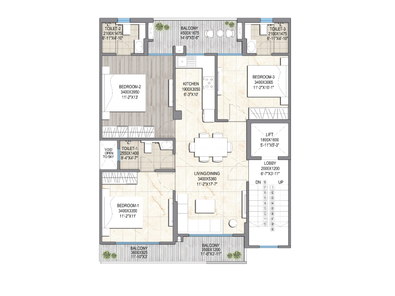 Signature Global City 79B - 3 BHK - Type B (1st to 4th Floor Plan)