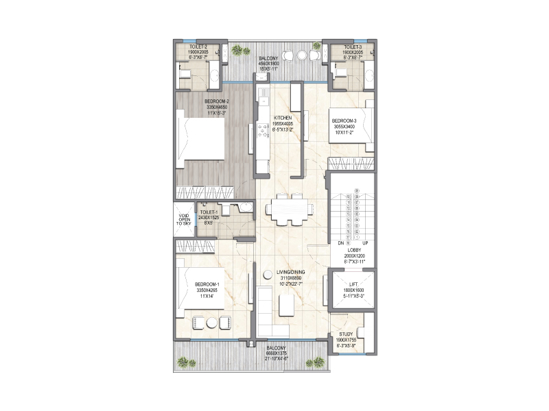 Signature Global City 79B - 3 BHK + Study - Type A (1st to 4th Floor Plan)