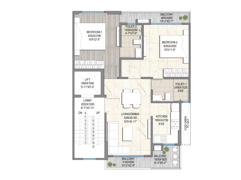 Signature Global City 79B - 2 BHK - Type C (1st to 4th Floor Plan)