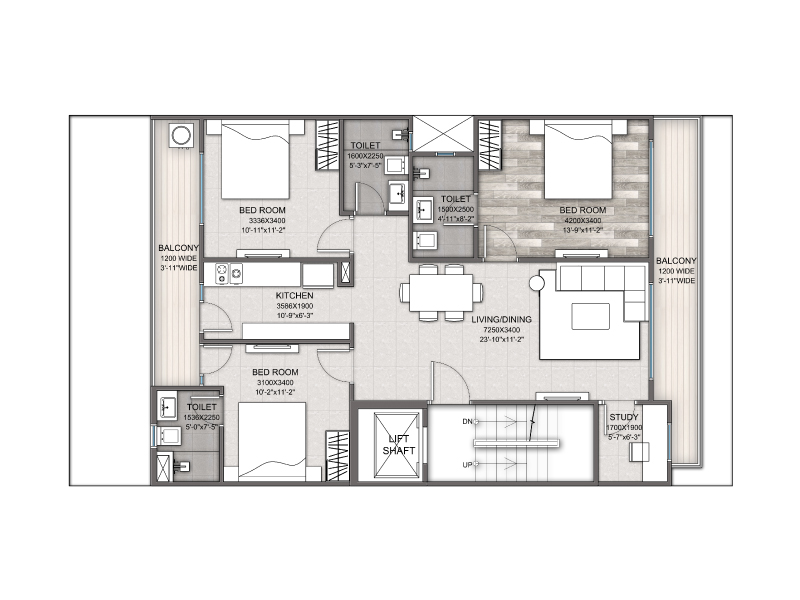 Signature Global City 93 - Typical Floor Plan  (3 BHK + Study) - Category A(I)