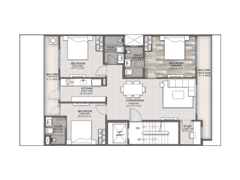 Signature Global City 93 - Typical Floor Plan (3 BHK + Study) - Category A